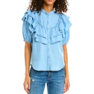 Stellah Sz M Chambray Blue Ruffle Blouse